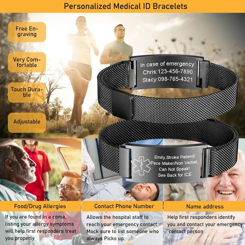 Miniatura 48 de VNOX Pulsera de identificación de alerta médica para hombres y mujeres, pulseras de alerta médica con grabado personalizado para mujeres y hombres