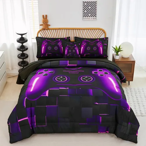 Miniatura 17 de PERFEMET Juego de ropa de cama tamaño Twin en una bolsa, 6 piezas, juego de ropa de cama gaming para niños, edredón azul gamer con juego de sábanas