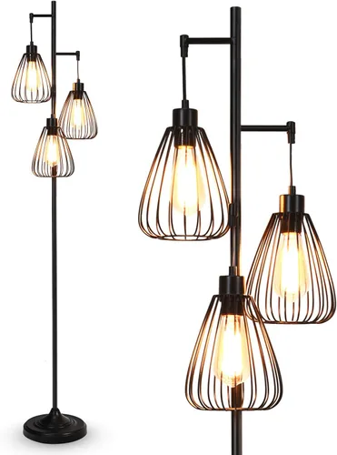 Tangkula - Lámpara rústica de árbol de 3 cabezas, lámpara de pie de metal de 67 pulgadas con 3 pantallas colgantes, iluminación de jaula para sala