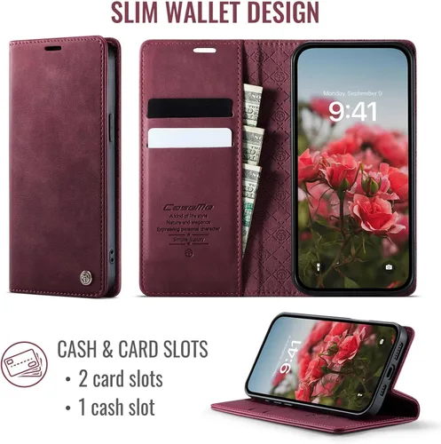 Miniatura 3 de Funda tipo cartera para iPhone 13 de piel tipo cartera con tarjetero y función atril, cierre magnético, bloqueo RFID, TPU a prueba de golpes, Rojo