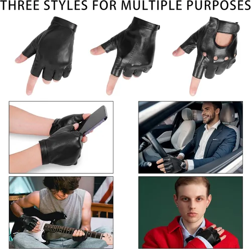 Miniatura 4 de OurHonor Guantes negros sin dedos para hombres y mujeres, guantes de cuero sintético de Halloween, medio dedo, para conducción, disfraz deportivo