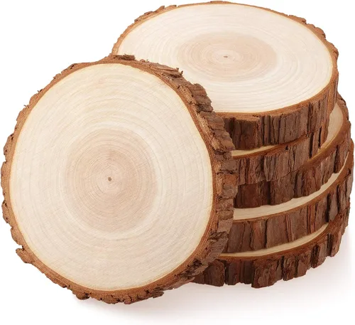 Miniatura 9 de Fuyit Rebanadas de madera sin terminar para centros de mesa, 10 discos redondos de madera natural de 4.7 a 5.1 pulgadas con corteza