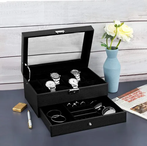 Miniatura 4 de Oyydecor Caja de reloj con 12 ranuras, organizador de relojes, organizador de joyas con cajón de joyería para almacenamiento y exhibición