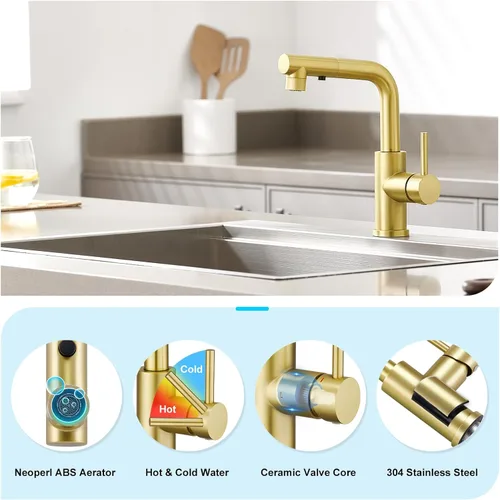 Miniatura 5 de CREA Grifo de Cocina Dorado con Pulverizador Extraíble - Grifo para Fregadero de Baño y Utilidad - Manija Única, 3 o 1 Agujero