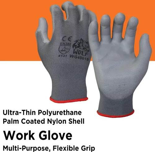 Miniatura 2 de WOLF Guantes de trabajo con palma recubierta de poliuretano y carcasa de nylon, para construcción, mecánica, almacén, trabajo de jardinería, trabajo