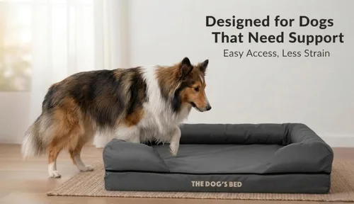 Miniatura 4 de The Dog's Bed - Cama ortopédica de espuma viscoelástica para perros medianos, colchón de soporte de alta densidad, entrada frontal baja, funda negro