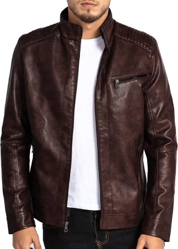 VICALLED Chaqueta de cuero para hombre, ajuste delgado, cuello alto, chaqueta de motocicleta de poliuretano, ligera