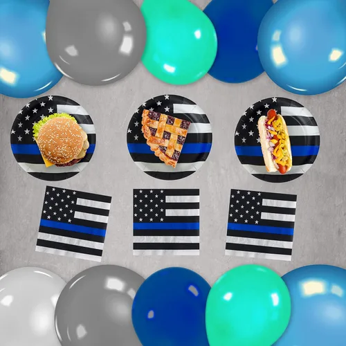 Miniatura 5 de Fiesta de la línea azul delgada de la policía para 16 invitados! Incluye 16 platos y servilletas de 7 pulgadas en el patrón oficial de bandera