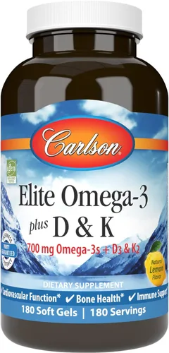 Miniatura 8 de Carlson - Elite Omega-3 Plus D & K, 700 mg Omega-3s + D3 y K2, función, salud ósea y apoyo inmunológico, limón, 60 cápsulas blandas