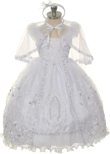 Miniatura 5 de BluNight Collection Vestido de bautizo de bebé con hombros descubiertos y bordado de Virgen María