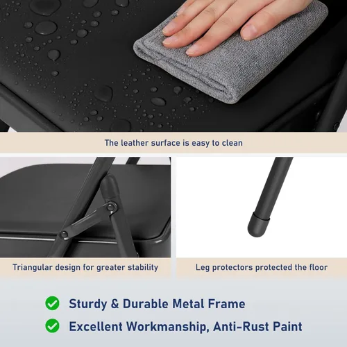 Miniatura 5 de Paquete de 4 sillas plegables negras con cojín, silla plegable acolchada con asiento y respaldo de piel sintética, sillas plegables de metal