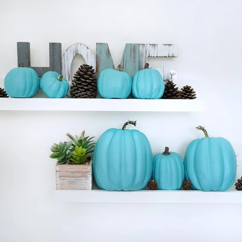 Miniatura 4 de Winlyn 7 Piezas Calabazas Artificiales Surtidas de Color Azul Verdoso para Halloween, Calabazas Decorativas Costeras de Espuma Falsas para Otoño