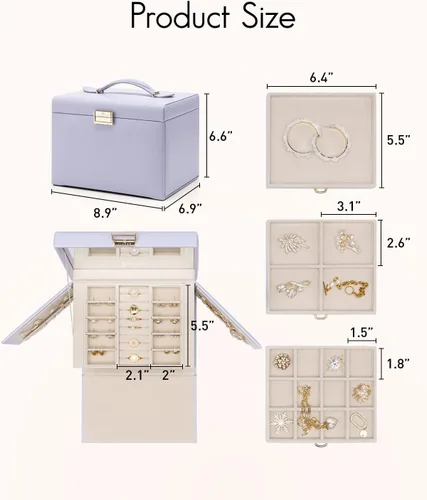 Miniatura 5 de Vlando Joyero de 4 niveles, cajas de joyería y organizadores con asa, 3 cajones de viaje con espejo, almacenamiento de joyas, aretes, collares