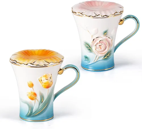 Miniatura 19 de KAMMAK Tazas de café de cerámica de 18 onzas de alto, juego de 2 tazas de té grandes con asa, tazas de té vintage, taza de capuchino para latte