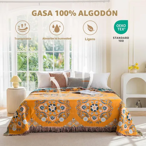 Miniatura 2 de Cobija para cama de estilo bohemio, 100 % algodón, ultra suave, edredón rústico, cobija de otoño, estampado floral, cobija grande rústica para sofá