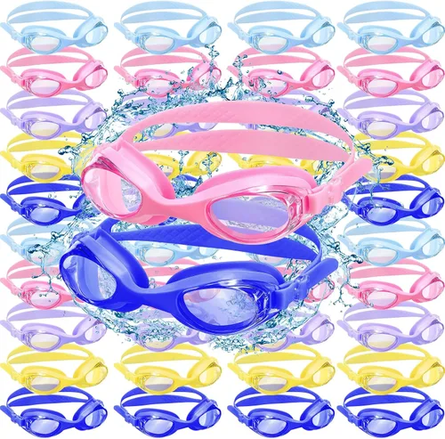 Miniatura 8 de Macarrie Paquete de 40 gafas de natación para niños a granel sin fugas con tapones para los oídos, gafas de natación ajustables de silicona