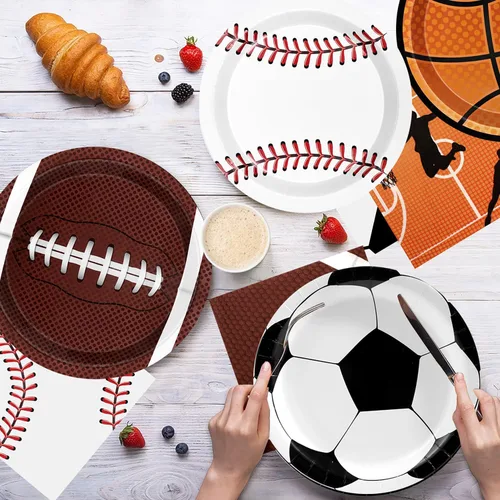 Miniatura 4 de Decoraciones deportivas para fiestas de cumpleaños, 80 unidades, platos y servilletas para fiestas deportivas, béisbol, fútbol, baloncesto, rugby