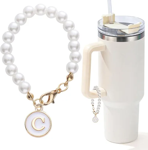 Miniatura 121 de Encanto de letra para Copa Stanley, accesorios de cadena de perlas, encantos de iniciales de Copa Stanley para asa, decoración de botella de agua