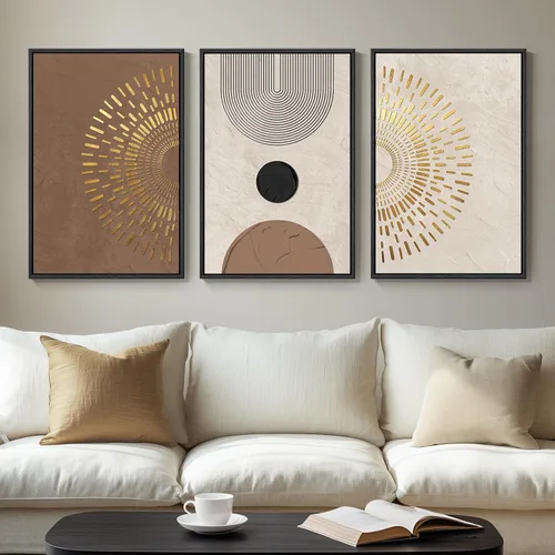 Miniatura 20 de Arte de pared abstracto neutro con marco grande para sala de estar, 3 piezas, impresiones modernas en lienzo para paredes, cuadros negros y beige