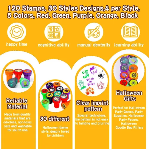 Miniatura 3 de 120 sellos de Halloween para niños a granel, juguetes autoentintados para fiesta de truco o trato, varios sellos de calabaza, fantasma, araña