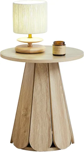 Mesita de noche redonda pequeña, mesa auxiliar moderna de mediados de siglo con base de pétalos, mesita de noche de madera para dormitorio, sala de
