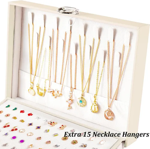 Miniatura 112 de Joyero de pendientes para mujeres y niñas, organizador de aretes de 5 capas, caja organizadora de joyas blanca con candado, collares y aretes