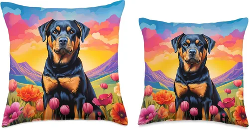 Miniatura 3 de Rottweiler Gifts by J Cute Rottweiler - Almohada colorida con diseño de flores, montaña, puesta de sol, cachorro, 16 x 16 pulgadas, multicolor