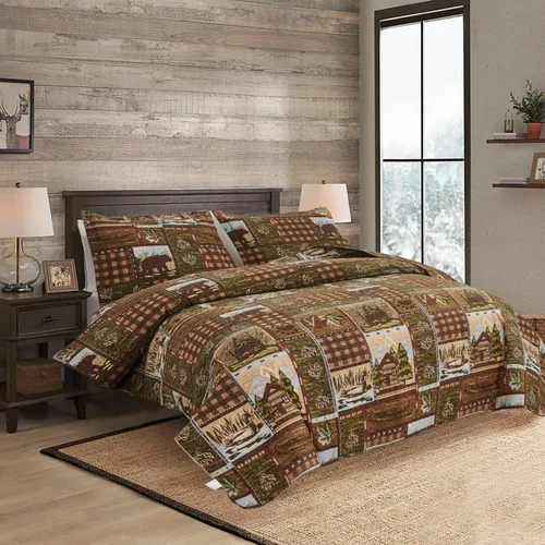 Miniatura 2 de Colcha Lodge Tamaño Queen, Juegos de Colcha de Cabaña Rústica Alce Oso Colcha Cubrecama de Retazos a Cuadros Cubrecama Reversible con Estampado de Té