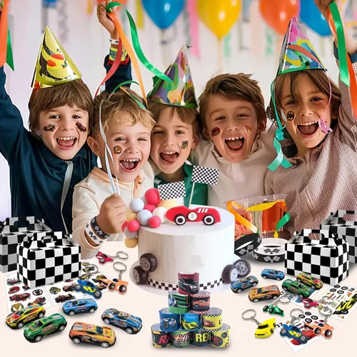 Miniatura 7 de Juego de 120 piezas de regalos de fiesta de coche de carreras con llaveros, pulseras de golpear, pegatinas de tatuajes, pulseras, cajas