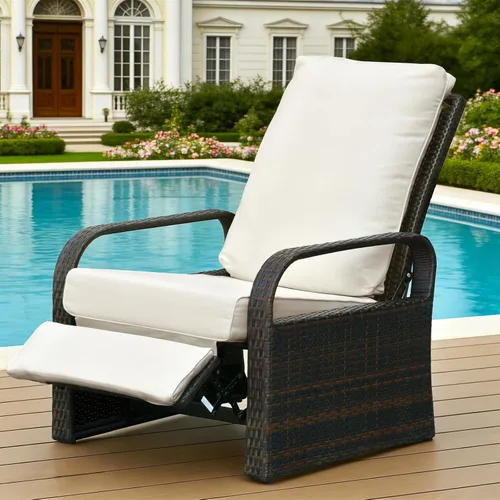 Miniatura 7 de Babylon Silla reclinable de mimbre ajustable para exteriores con cojines de 5.5 pulgadas de grosor y reposapiés, marco de aluminio resistente al