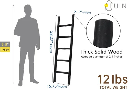 Miniatura 5 de FUIN Escalera de madera de 57 pulgadas, totalmente montada, para sala de estar, soporte decorativo de pared inclinado de granja, soporte de Marrón