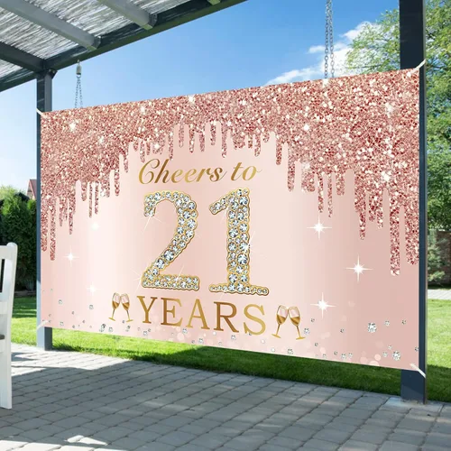 Miniatura 3 de Decoraciones grandes de cumpleaños de "Cheers to 21 años" para mujeres, pancarta de feliz cumpleaños de 21 años de oro rosa con texto en inglés