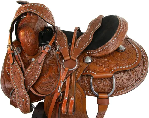 Miniatura 10 de Western Saddle Barril Racing Caballo Placer Floral Tooled Cuero Trail Tack Cowboy Rodeo Set 15 16 17 18