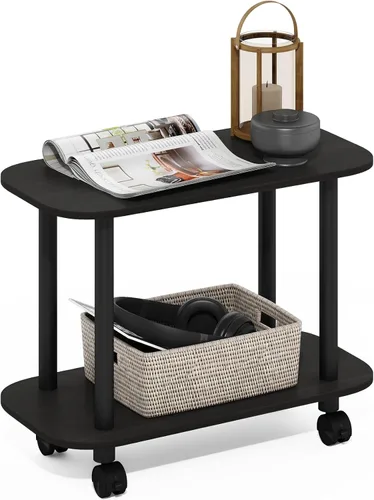 Miniatura 15 de Furinno Turn-N-Tube - Mesa auxiliar rectangular de 2 niveles con ruedas, mesita de noche de esquina redonda, mesita de noche con estante abierto