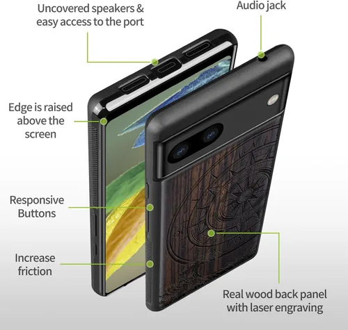 Miniatura 7 de Carveit Funda de madera para Pixel 8a - Madera natural y negro suave TPU a prueba de golpes - Funda de madera única compatible con Google Pixel 8a