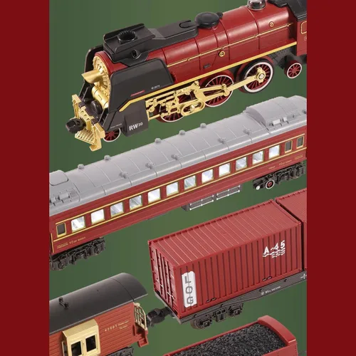 Miniatura 9 de Juego de tren vintage, tren a control remoto con luz, vapor y humo, modelo de locomotora eléctrica de árbol de Navidad con pista ovalada y carro