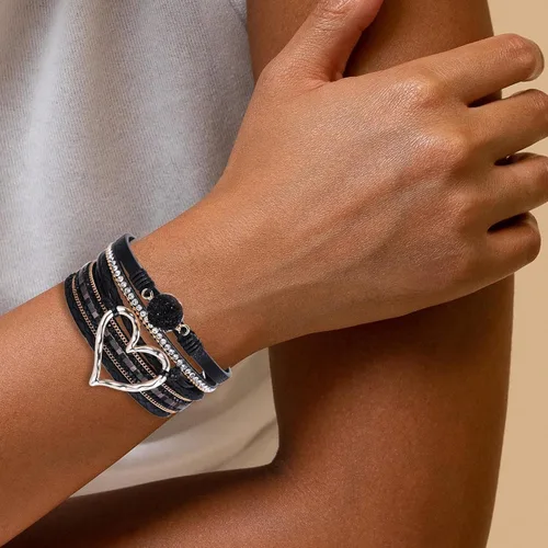 Miniatura 4 de Long tiantian Pulsera de cuero multicapa con corazón moderno bohemio con cierre magnético y diamantes de imitación para mujer, Cobre, otro