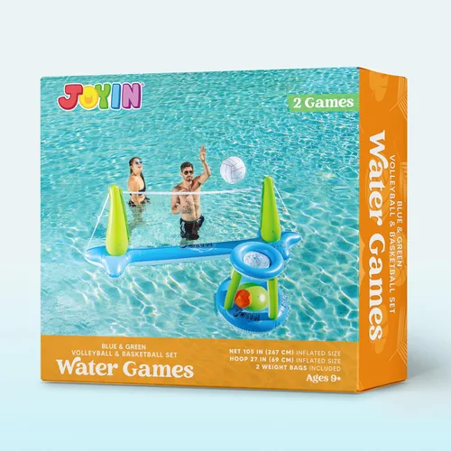Miniatura 9 de JOYIN Juego de flotador de piscina inflable con red de voleibol y aros de baloncesto; bolas incluidas para niños y adultos, juego de piscina