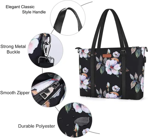 Miniatura 4 de MOSISO Bolsa de mano para laptop con puerto USB (13-13.3 pulgadas) con asa superior ajustable, bolsa para computadora portátil para mujeres, hibisco