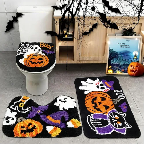 Breling Juego de 3 piezas de alfombras de baño de Halloween, calabaza, antideslizante, lavable, alfombra de fantasmas, negra y púrpura, cubierta