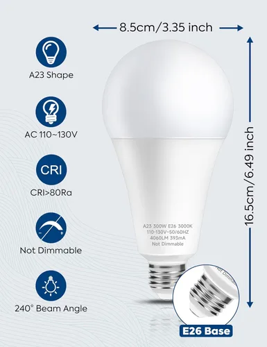 Miniatura 4 de Bombilla LED equivalente a 300 W, bombilla LED A23 súper brillante de 4060 lúmenes, blanco cálido 3000 K, ahorro de energía de 33 W, base media E26