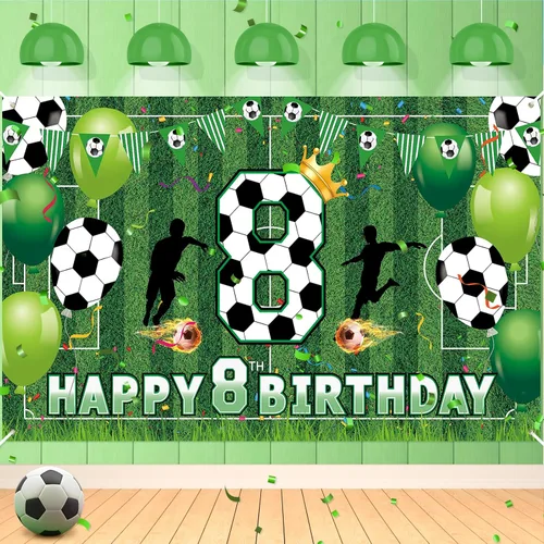 Decoraciones de fiesta de 8 cumpleaños de fútbol – Cartel de feliz cumpleaños para niños, niños, adolescentes – Suministros grandes para fiestas de