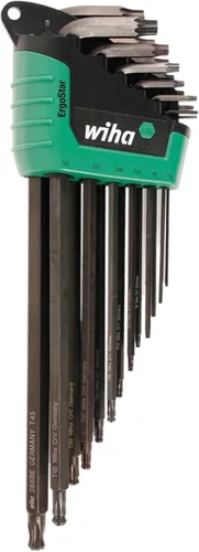 Wiha 36689 ErgoStar Torx - Juego de llaves en L, 13 piezas, T5–T45, extremo de bola y estándar, soporte de apertura rápida automática, óxido negro