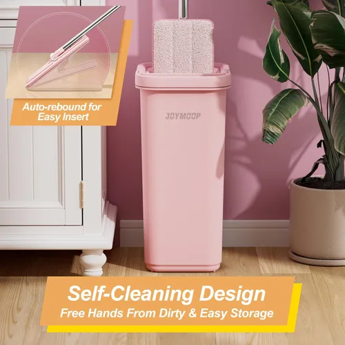 Miniatura 7 de JOYMOOP Juego de trapeador y cubeta rosa con escurridor para el hogar, con 3 almohadillas de microfibra reutilizables, sistema de autolimpieza sin