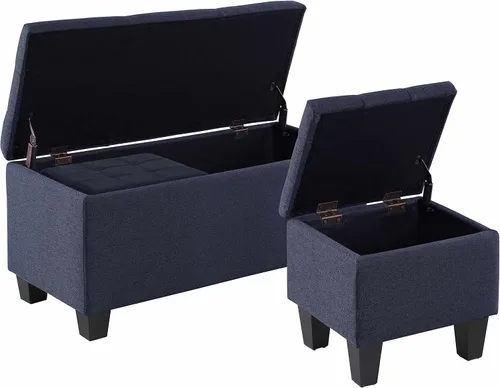 Miniatura 7 de Juego de banco otomano de almacenamiento grande de 3 piezas, banco de almacenamiento para ventana de lino con 2 reposapiés otomanos para sala