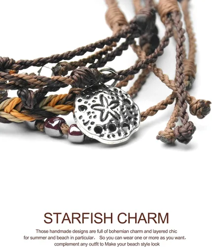Miniatura 6 de Mezcla Vida Juego de pulseras de cuerda impermeable con cuentas de zinc plateado y estrellas de mar bohemias, para mujeres, adolescentes y niñas