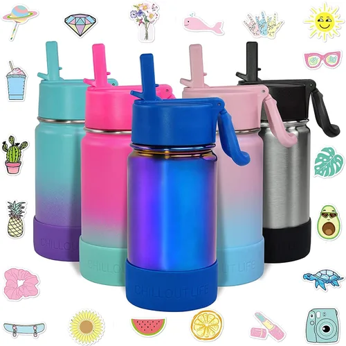 CHILLOUT LIFE Botella de agua aislada para niños de 12 onzas para la escuela con tapa con pajilla, a prueba de fugas y bonitas calcomanías Azul