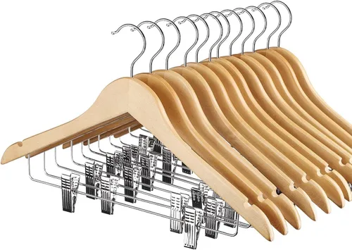 Miniatura 9 de HOUSE DAY Perchas de madera con clips, paquete de 12 perchas de madera de nogal resistente, colgador de falda de alta calidad con clips ajustables