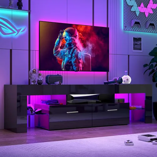 Miniatura 2 de HOUAGI Soporte de TV LED para televisores de hasta 65 pulgadas, moderno centro de entretenimiento con cajón de almacenamiento y estante de cristal