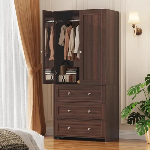 Miniatura 14 de VOWNER Armario Clóset con Cajones y Espejo, Gabinete de Almacenamiento de Ropa de 71" con Barra Colgante, Armario de Dos Puertas de Madera